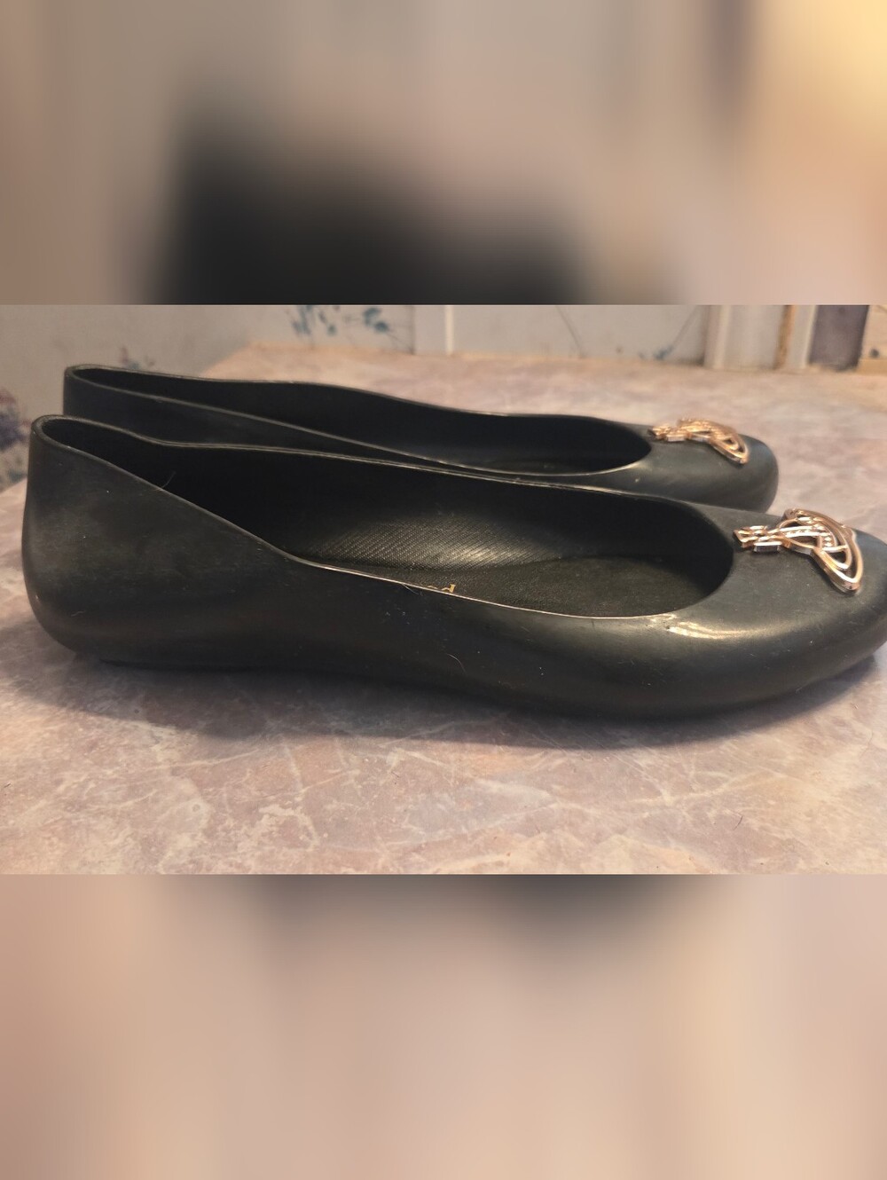 Vivienne Westwood Black Ballet Flats with Gold Orb Emblem - Picture 4 of 6